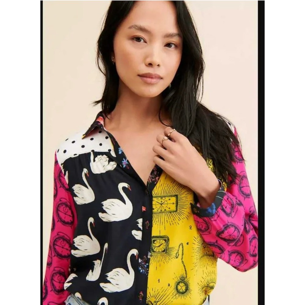 Maeve Anthropologie Paz Contrast Button Down Top M Mixed Print Swan Floral Clock